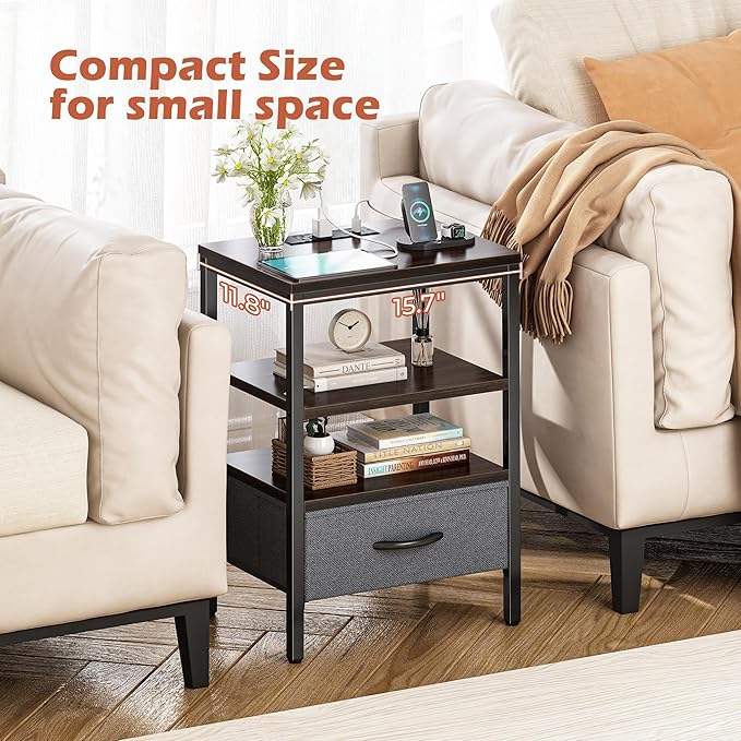 SUPERJARE Nightstand Set of 2, Bed Side Tables with Charging Station, Adjustable Fabric Drawer, Night Stand for Bedroom, 3-Tier Storage End Tables, Walnut