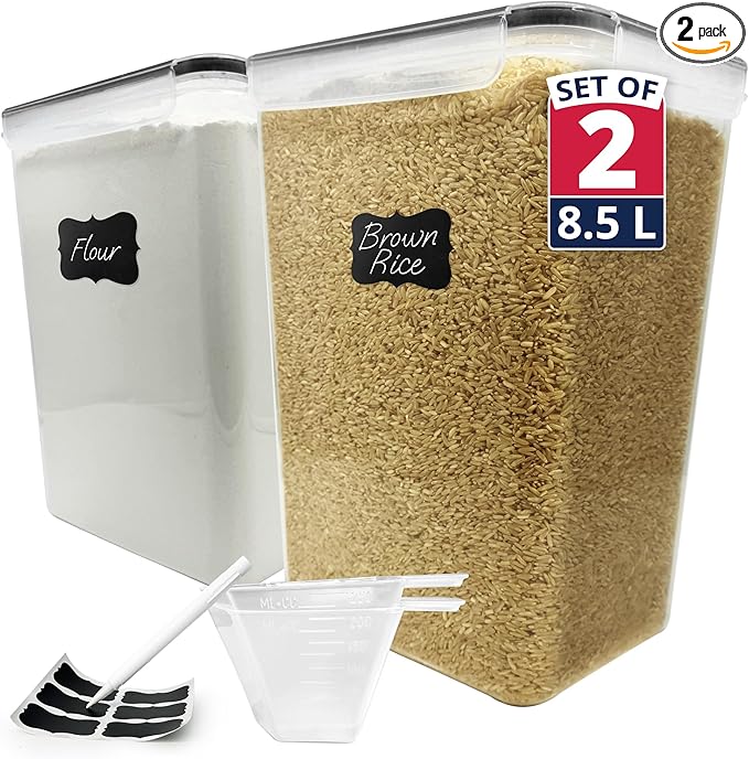 Reli. 8.5L Airtight Food Storage Containers with Lids (2 Sets) Kitchen Organizers and Storage Containers, Pantry Organizers | BPA Free Plastic XXL Set w/ 2 Measuring Cups, 6 Labels, Pen