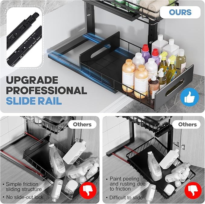 1 Pack Under Sink Organizer Upgrade To Professional Rails,2-Tier Dual Pull Out Cabinet Storage,Height Adjustable Slide Out Drawers For Bathroom Kitchen,Under Sink Shelf-Black-NeatNest