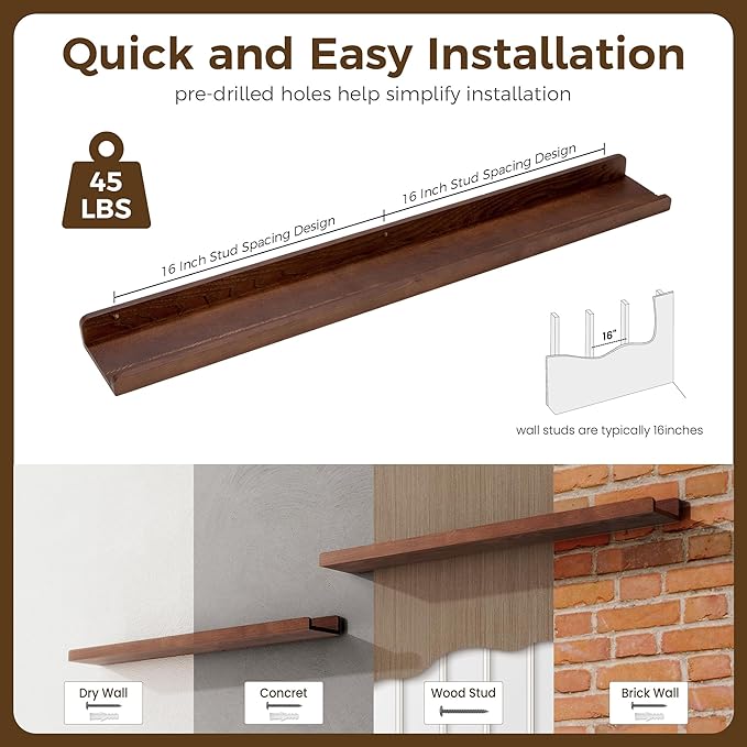 Floating Shelves for Wall 36 Inch | Picture Ledge Shelf Set of 2 | Solid Ash Wood Floating Shelves with Lip | Dark Wood Picture Shelf for Wall with Ledge | Photo Ledge Shelves-NeatNest