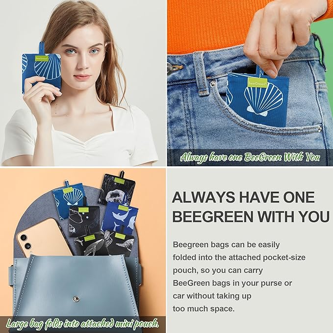 BeeGreen Foldable Tote Bags with Handles Reusable Grocery Bags - Heavy Duty Washable Polyester Travel & Shopping Basket - Large Reusable Gift Bulk 6 Set for Women (Ocean Animal Lovers Design)-NeatNest