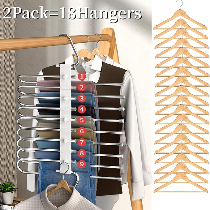 9 Layers Pants Hangers Space Saving, 2 Pack Multifunctional Pant Rack Stainless Steel Closet Organizer for Pants Jeans Leggings Trousers, Antiquewhite-NeatNest