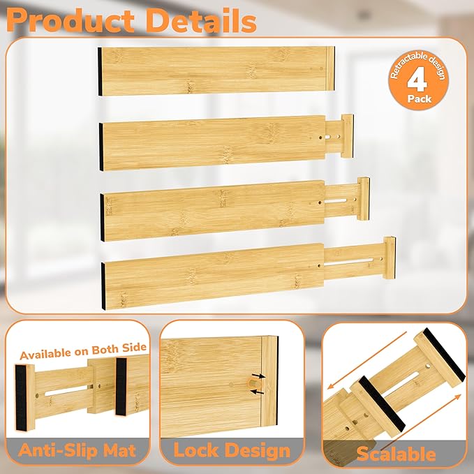 BAMEOS 3" H Bamboo Drawer Dividers - Adjustable Expandable Drawer Organizer - Kitchen, Bathroom, Bedroom & Office, 4-pack-NeatNest