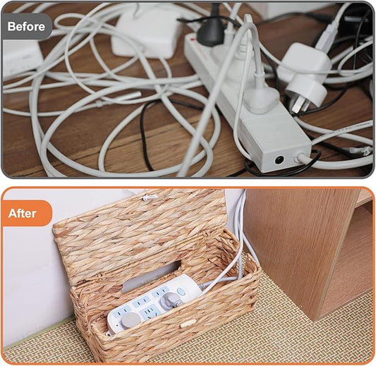 Cable Management Box, Cord Hider Organizer Box with Lid 2-Pack,2 Side Open Slots Handwoven Water Hyacinth Storage Box for Power Strips, Floor, Desk, Office-NeatNest