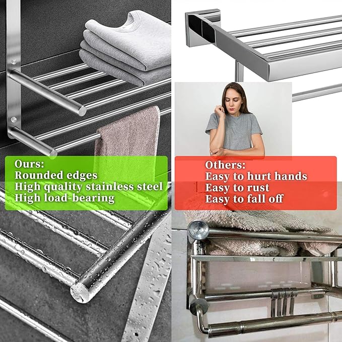 Bathroom Towel Rack with 24-Inch Multilayer Hotel Racks 304 Stainless Steel Towel Bar Shelf Wall-Mounted Brushed Finish Bar withTowel Shelves,3-Tier Bar Mounted