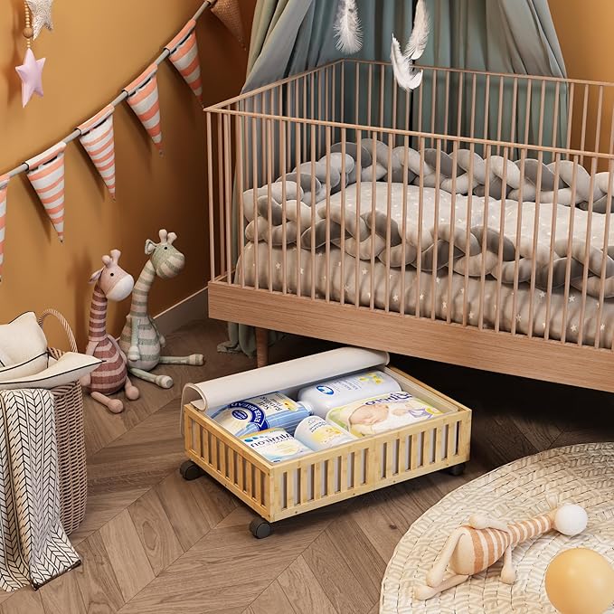 Bamboo Under Bed Storage Containers with Wheels, Rolling Under the Bed Shoe Storage Bins, Wood Stackable Underbed Drawers with Bag Organizer for Bedroom Closet Clothing Sweater Bedding Under Crib Toy-NeatNest