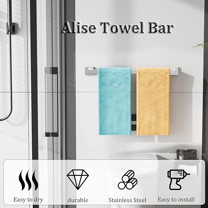 Alise Brushed Nickel Towel Bars,23.6 Inch Towel Holder Towel Racks for Bathroom and Lavatory,SUS304 Stainless Steel Hand Towel Hanger Rail Wall Mount,Useable Length 21.85 Inch Towel Bar, GYT060-LS