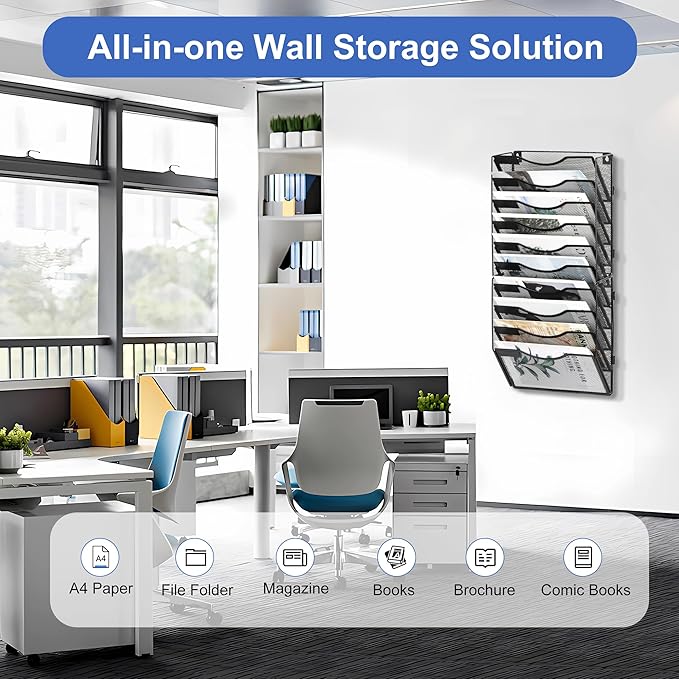 EasyPAG 10 Pocket Wall File Organizer, Black | Metal Mesh Wall Mounted File Holder | Assembly Hanging Mail Organizer | Replaceable Classify Labels | Office Home Letter Size Paper Storage