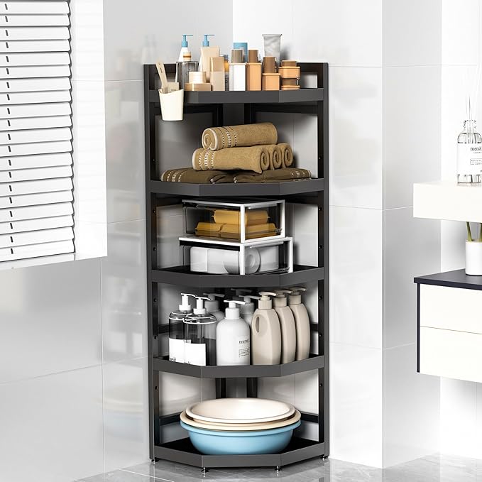 5 Tier Standing Corner Shower Caddy,Waterproof and Rust Proof,Adjustable Height,Multi-functional Tiered Storage for Shower Gel,Shampoo,Cosmetics,Kitchen Supplies,Black