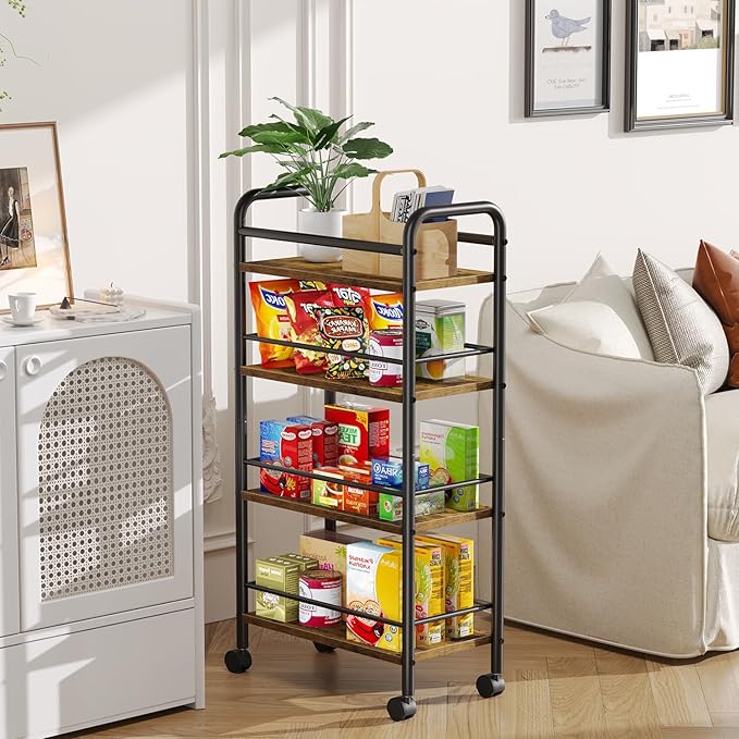 Slim Storage Cart, 4 Tier Small Rolling Bathroom cart Metal and Wood Skinny Utility Cart on Wheels for Narrow Kitchen Laundry Room Rustic Brown