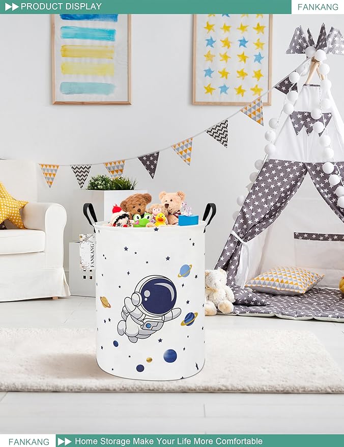 FANKANG Storage Basket, Nursery Hamper Canvas Laundry Basket Foldable with Waterproof PE Coating Large Storage Baskets for Kids Boys and Girls, Office, Bedroom, Clothes,Toys(Astronaut)
