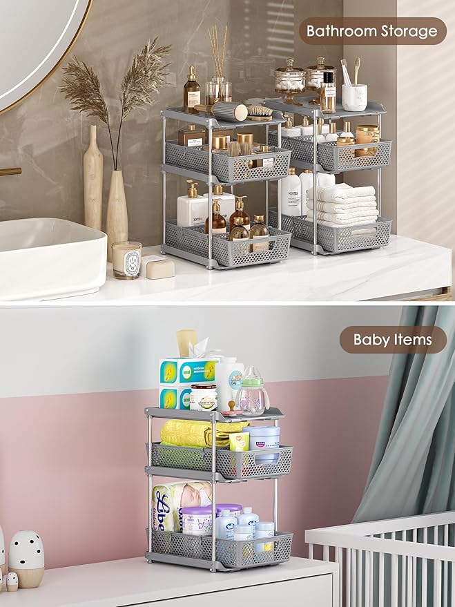 2Pcs 3 Tier Bathroom Organizers, WIDER BOLDER Pull Out Under Sink Organizer with Dividers, Kitchen and Bathroom Storage Cabinet - Gray-NeatNest