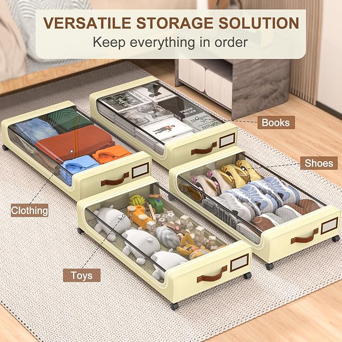 GoMaihe Under Bed Storage with Wheels: XXL Underbed Storage Containers with Lids - Rolling Bins for Shoes Clothes in Dorm Bedroom - Metal Drawers Easy Pull-out Beige 4-Pack-NeatNest