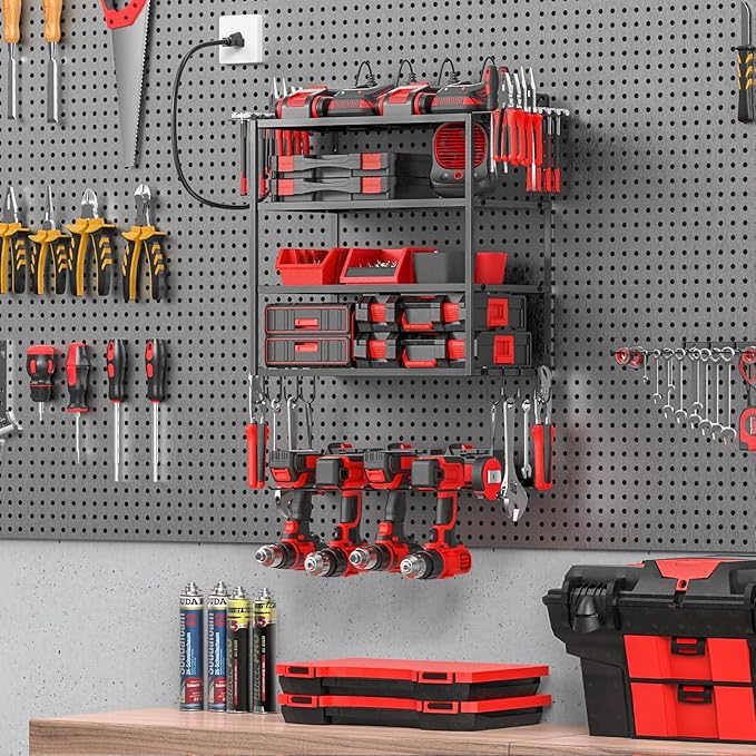 JUNNUJ Tool Organizer with Charging Station, 5 Layers Wall Mount Garage Tools Storage with 8 Outlets Power Strip, 4 Drills Holder Battery Heavy Duty Metal Shelf, Utility Rack with Hooks, Black