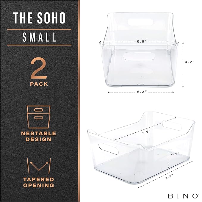 BINO | Plastic Storage Bins, Small - 2 Pack, Clear | THE SOHO COLLECTION | Pantry Organizers and Storage Containers Fridge Organizer Bins Kitchen Cabinet Organizer Medicine Cabinet Bin-NeatNest