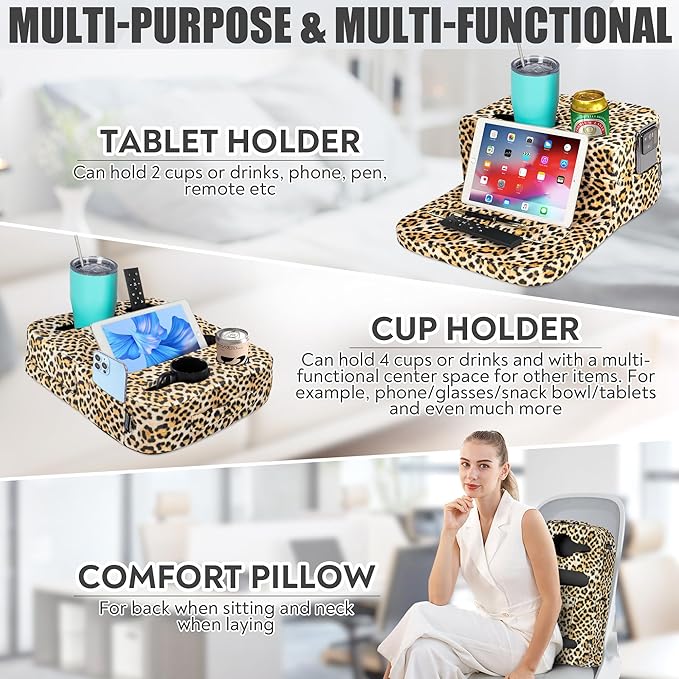 Couch Cup Holder Tray Pillow - Bed, Couch Caddy, Sofa, RV & Car - Holds Drinks, Snacks, Remotes, Phones, Kindle, Tablet | Bed Cup Holder (Leopard)-NeatNest
