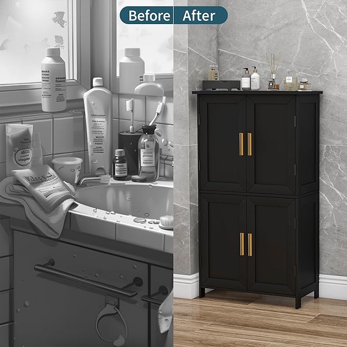 Bathroom Storage Floor Cabinet Freestanding Organizer with Adjustable Shelves for Bathroom Bedroom Laundry Room,4 Doors-NeatNest