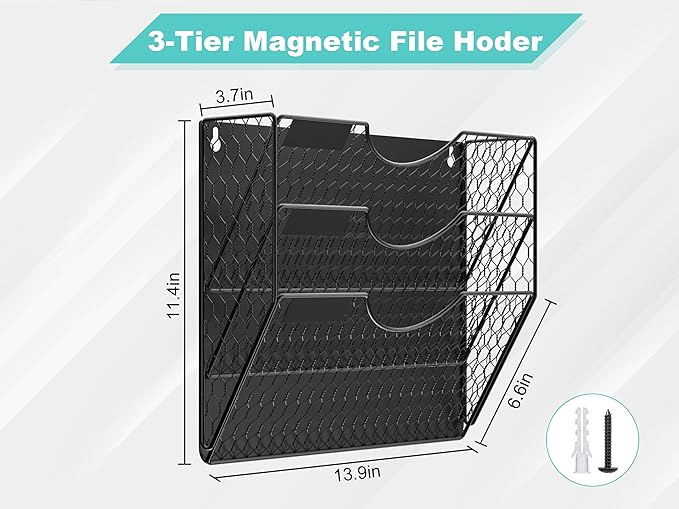 3-Tier Magnetic File Holder for File Cabinets, Refrigerator, Whiteboard, Magnetic Paper Holder, Magnetic Mail Holder, Black Magnetic Folder Holder
