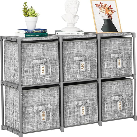 Cube Storage Organizer Shelf with 6 Printed Bins + Labels, Cubby Storage Organizer with Bins, Large Capacity Shelves for Storage,Closet, Living Room, Dorm, Yarn-NeatNest