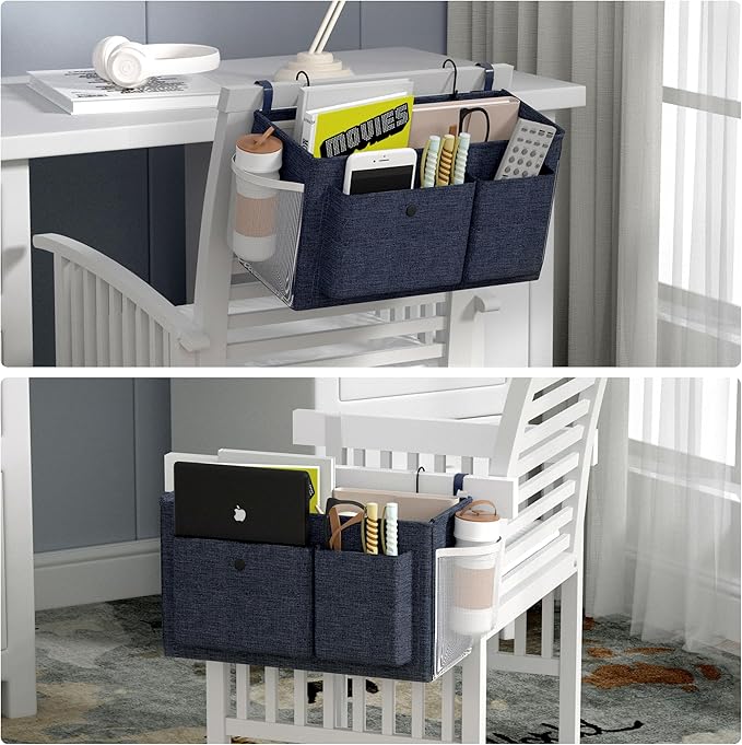 Bedside Caddy Bedside Organizer with Fixed Straps & Water Bottle Holder, Bunk Bed Caddy ideal for Home, Dorm, Hospital, Crib, Versatile Bedside Storage Solution (Navy)-NeatNest