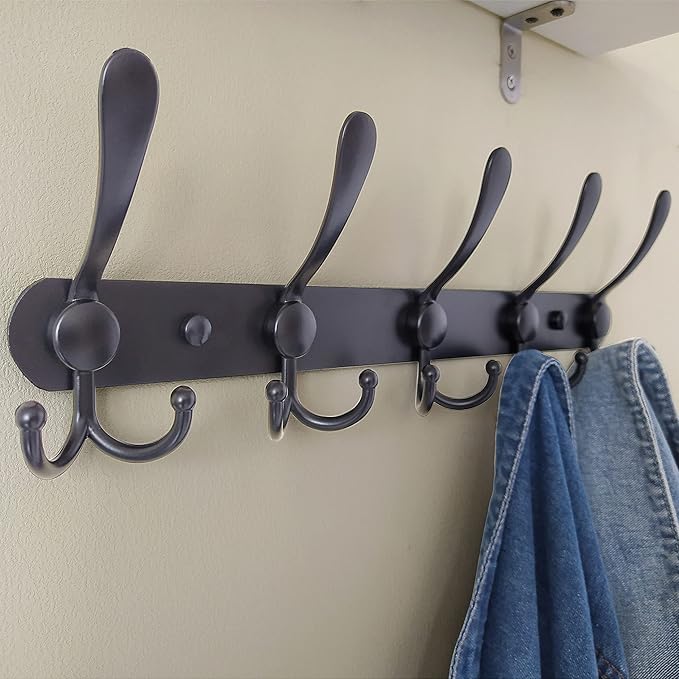 Dseap Coat Rack Wall Mounted - 5 Tri Hooks, Heavy Duty, Stainless Steel, Metal Coat Hook Rail for Coat Hat Towel Purse Robes Mudroom Bathroom Entryway (Black, 2 Packs)-NeatNest