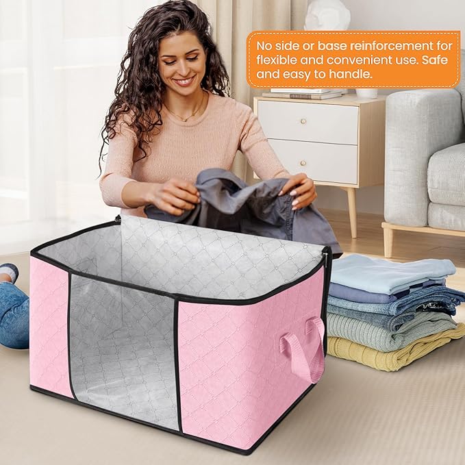 Fab totes 3 Pack Clothes Storage, Foldable Thick Fabric Blanket Storage Bags, Containers for Organizing Bedroom, Closet, Clothing, Comforter,Organization with Handle,Pink-NeatNest