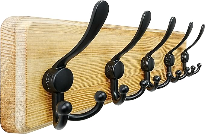 Dseap Coat Rack Wall Mount - Heavy-Duty Robust Rustic Wooden Wall Coat Hanger Hook Rail with 5 Triple Hooks for Winter Jacket & Hat Clothing, Light Brown & Black