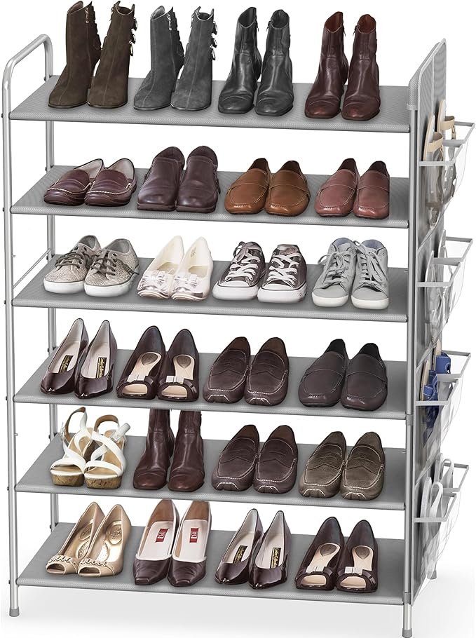 Simple Houseware 6-Tier Shoe Rack Storage Organizer w/Side Hanging Bag, Grey-NeatNest