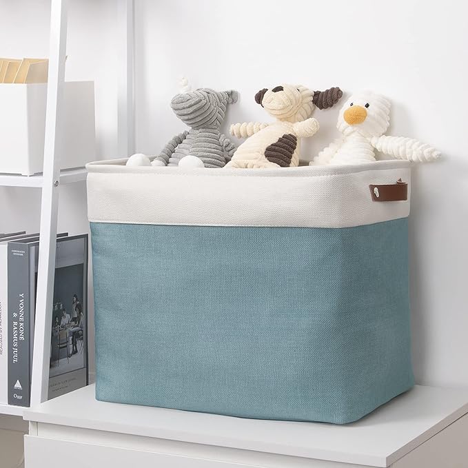 DULLEMELO Large Collapsible Storage Basket/Bin with Sturdy Leather Handles, Fabric Organizer Bin for Storage Clothes, Toys, Books, Office, Bedroom, Closet, Nursery & Laundry (White&Teal)-NeatNest
