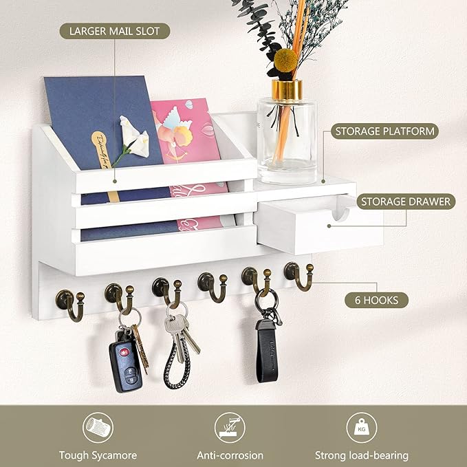 FifthQuarter Key and Mail Holder for Wall, Mail Organizer Wall Mount with 6 Hooks and Storage Drawer, Easy Installation Key Rack for Entryway and Home Decor (A-White)