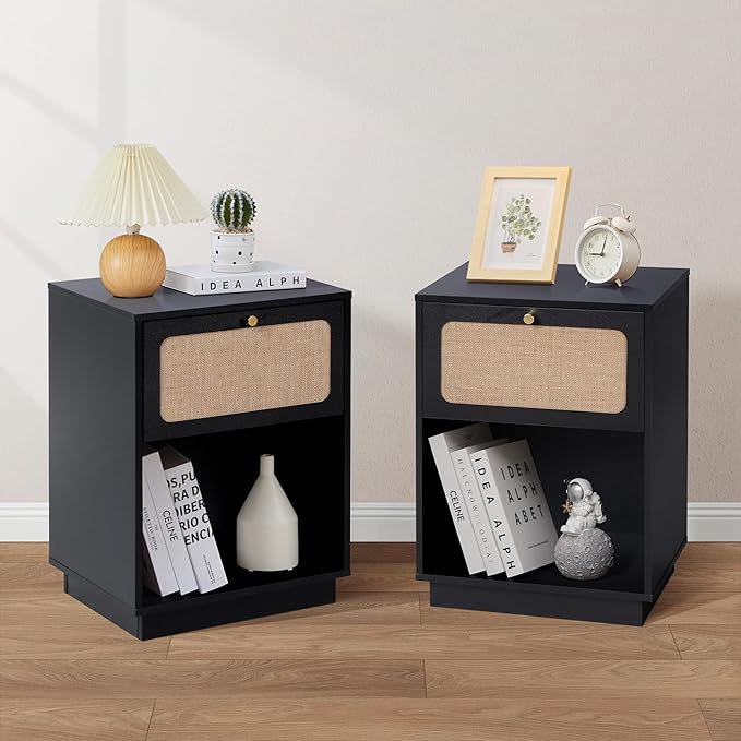 Mid Century Night Stand with Drawer, Farmhouse End Table with Storage & Curved Linen Panel, Modern Nightstands Bedside Table Small Side Tables for Small Space, Bedroom (Black)