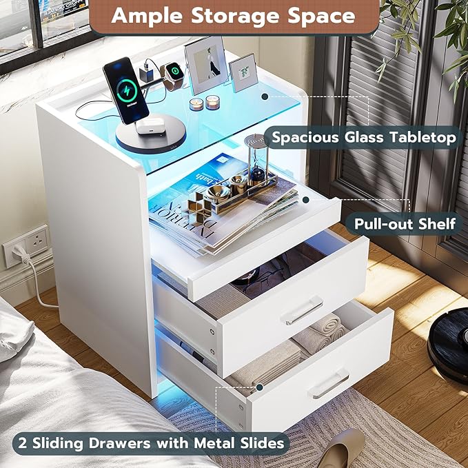 VIAGDO White Nightstand Set of 2 with Charging Station and LED Lights, 2 Drawers LED Night Stand with Tempered Glass Tabletop, Modern End Side Tables with Pull-Out Tray, Open Storage Bedside Tables