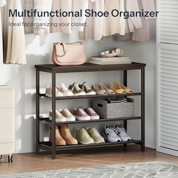 HOOBRO Shoe Rack with 3 PU Shelves, 4-Tier Shoe Storage Organizer for Closet and Entryway, Holds 9-12 Pairs of Shoes, Sturdy Metal Frame, Small Spaces, Brown BR94XJ01-NeatNest