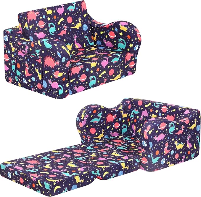 Dinosaur Kids Sofa, 2-in-1 Kids Couch Fold Out, Convertible Sofa to Bed for Girls and Boys-NeatNest