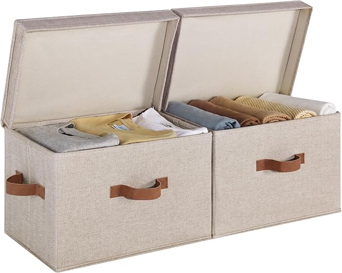 StorageWorks Fabric Storage Bins with Lid, Decorative Storage Boxes for Shelves, Stackable Closet Organizer Basket with Handles, Large, Brown and Beige, 2-Pack-NeatNest