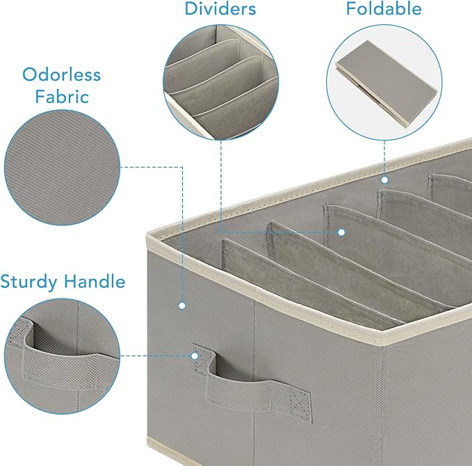 3 Pcs Large Size Wardrobe Clothes Organizers 6 Grids for Pants, Jeans, Sweater, T-shirt, Thin Coat, Dress Stackable Closet Drawer Organizer Storage Bin Container with Sturdy Handles, Grey-NeatNest
