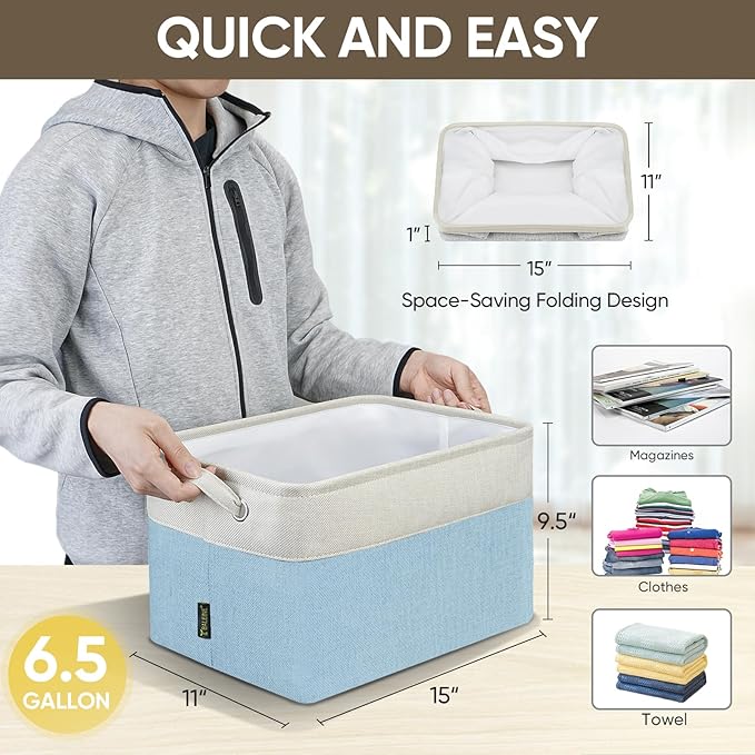 BALEINE 1 Pack Fabric Storage Bins for Shelves, Linen Storage Baskets for Organizing, Decorative Closet Bins for Clothes, Home (Skyblue, 15''x11''x9.5'')-NeatNest