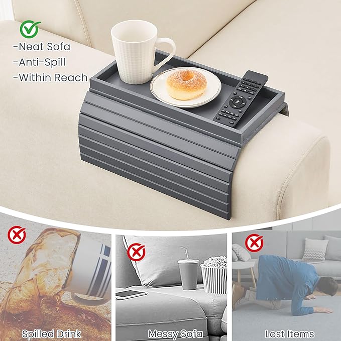 GEHE Bamboo Sofa Arm Tray, Foldable Couch Arm Tray Side Table, Anti-Falling Armrest Tables Cup Holder for Snacks, Drinks, Beers, Phone, Control, Flexible and Portable, Anti-Slip Bottom-NeatNest