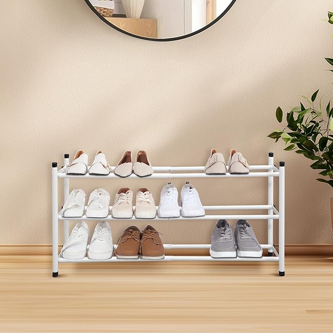 STORAGE MANIAC Expandable Shoe Rack, 12 Pairs Stackable Small Shoe Rack, Metal Adjustable Shoes Organizer for Closet, Entryway, Hallway, Garage, Front Door, Shoes Shelves, White 3 Tier-NeatNest
