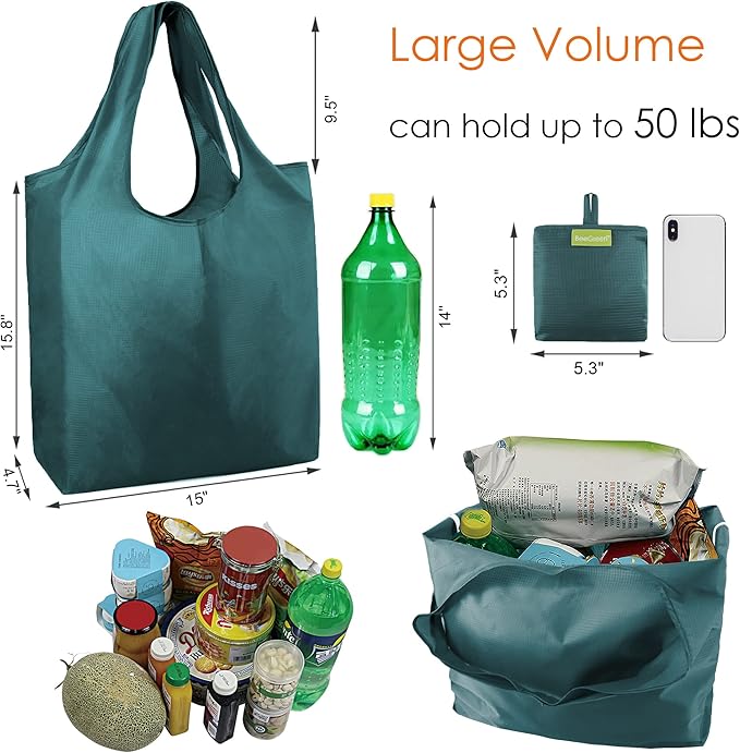 BeeGreen Reusable Grocery Bags Heavy Duty Extra Large 6 Pack Foldable Tote Bag - Cloth Grocery Bags Machine Washable Polyester Fabrics Bulk Shopping Bag - Reusable Gifts for Women (Green Black)-NeatNest