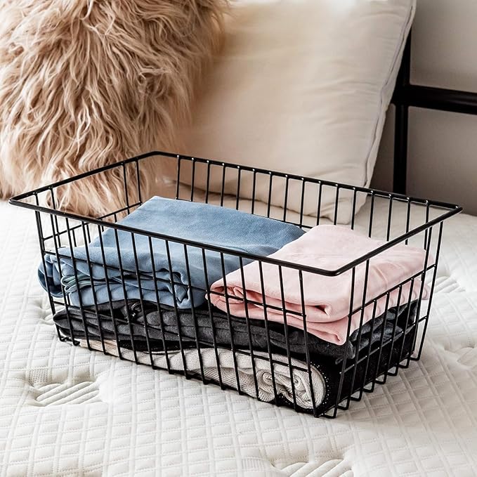 Farmhouse Wire Organizer Storage Bins Durable Metal Basket Pantry Large Organizing Storage Bin Baskets for Kitchen Cabinets, Pantry, Freezer, Bathroom,Closets-Set of 4-Black