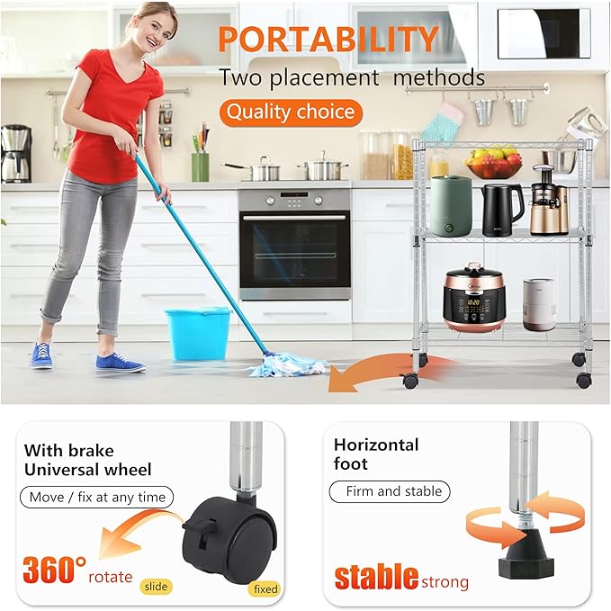 BestOffice 3-Tier Adjustable Wire Shelving Storage Shelves Heavy Duty Shelving Unit with Wheels for Small Places Kitchen Garage Balcony,Chrome-NeatNest