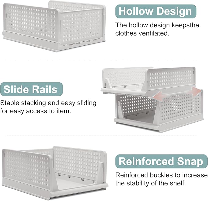 Stackable Foldable Storage Baskets, Folding Storage Bins, Closet Organizers and Plastic Drawer Shelf Storage Container for Wardrobe, Cupboard, Kitchen, Bathroom, Office (White, 4S)