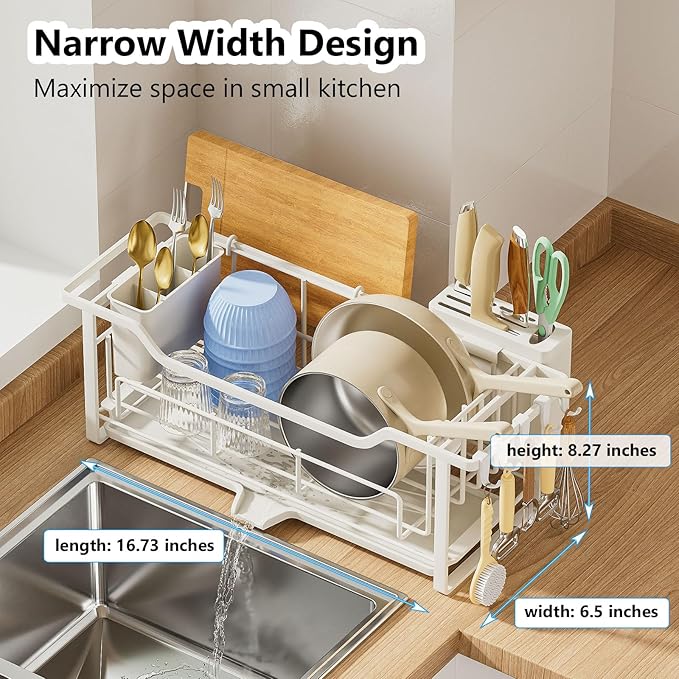 Narrow Dish Drying Rack for Kitchen Counter Auto Drain Iron Dish Drainer with Removable Cutlery Basket, White