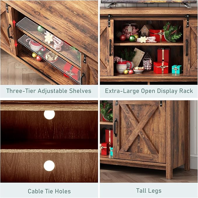 Farmhouse TV Stand for 55-65in TV with Adjustable Shelves & Sliding Barn Door - Rustic, Wooden Entertainment Center & Media Cabinet for Bedroom, Living Room (Dark Brown, 58in)-NeatNest