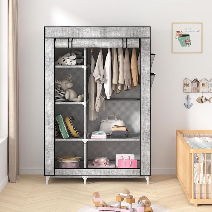 Calmootey Portable Closet Organizers, Clothing Storage, Wardrobe with 6 Shelves and Hanging Rod, Non-Woven Fabric Cover with 4 Side Pockets, Ash Grey-NeatNest