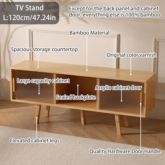 Bamboo TV Stand Entertainment Center- Mid-Century Modern Television Stand for 50 inch TVs, Bamboo Media Console Table, Open Storage Shelves for Living Room, Bedroom and Home Decor-NeatNest