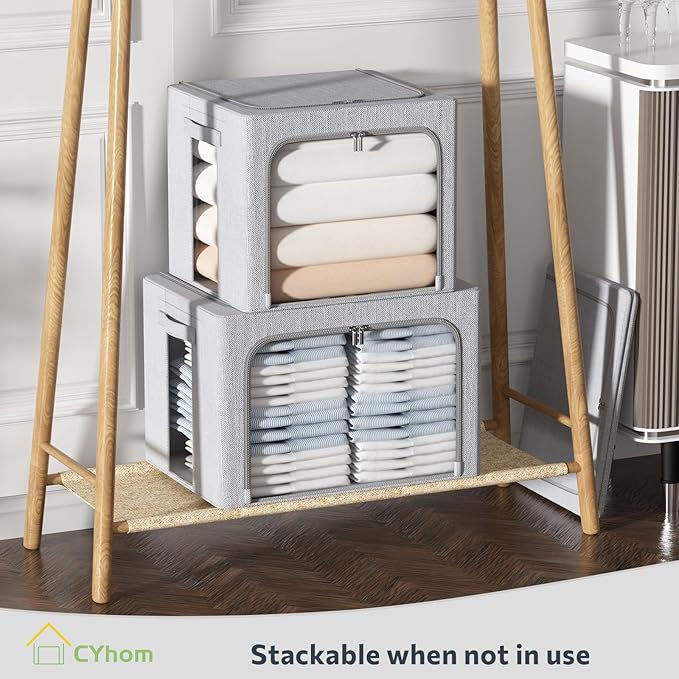 3Pack Foldable Storage Bins - Frame Storage Box Linen Fabric Stackable Clothes Container Organizer with Clear Window & Carry Handles Large Capacity (Small-22L, Light Grey)-NeatNest