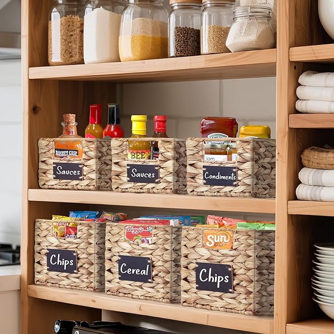 DECOMOMO Wicker Storage Baskets, Handwoven Pantry Baskets, Water Hyacinth Storage Baskets w/Chalkboard and Marker (Natural, Set of 2)-NeatNest