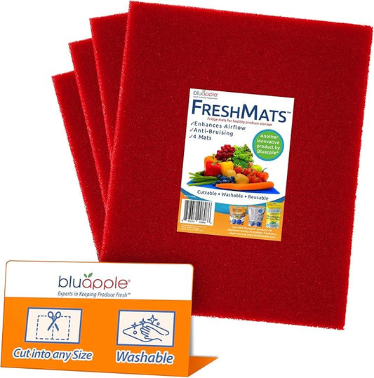 Bluapple FreshMats, Refrigerator Bin Liner, Fridge Drawer Mats, Crisper Life Extender Liner Keeps Produce Fresh Longer, Anti-Bruising, Helps Air Circulation, Washable & Reusable (4-Mats, 12x15, Red)-NeatNest